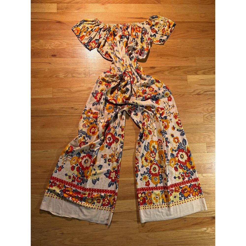 Vintage 70s Floral Wide Leg Jumpsuit Off Shoulder Boho Yellow Orange Medium